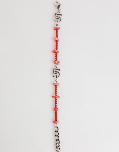 Dolce &amp; Gabbana Silberfarbenes Messingperlen-Harz-DG-Logo-Kettenarmband für Herren