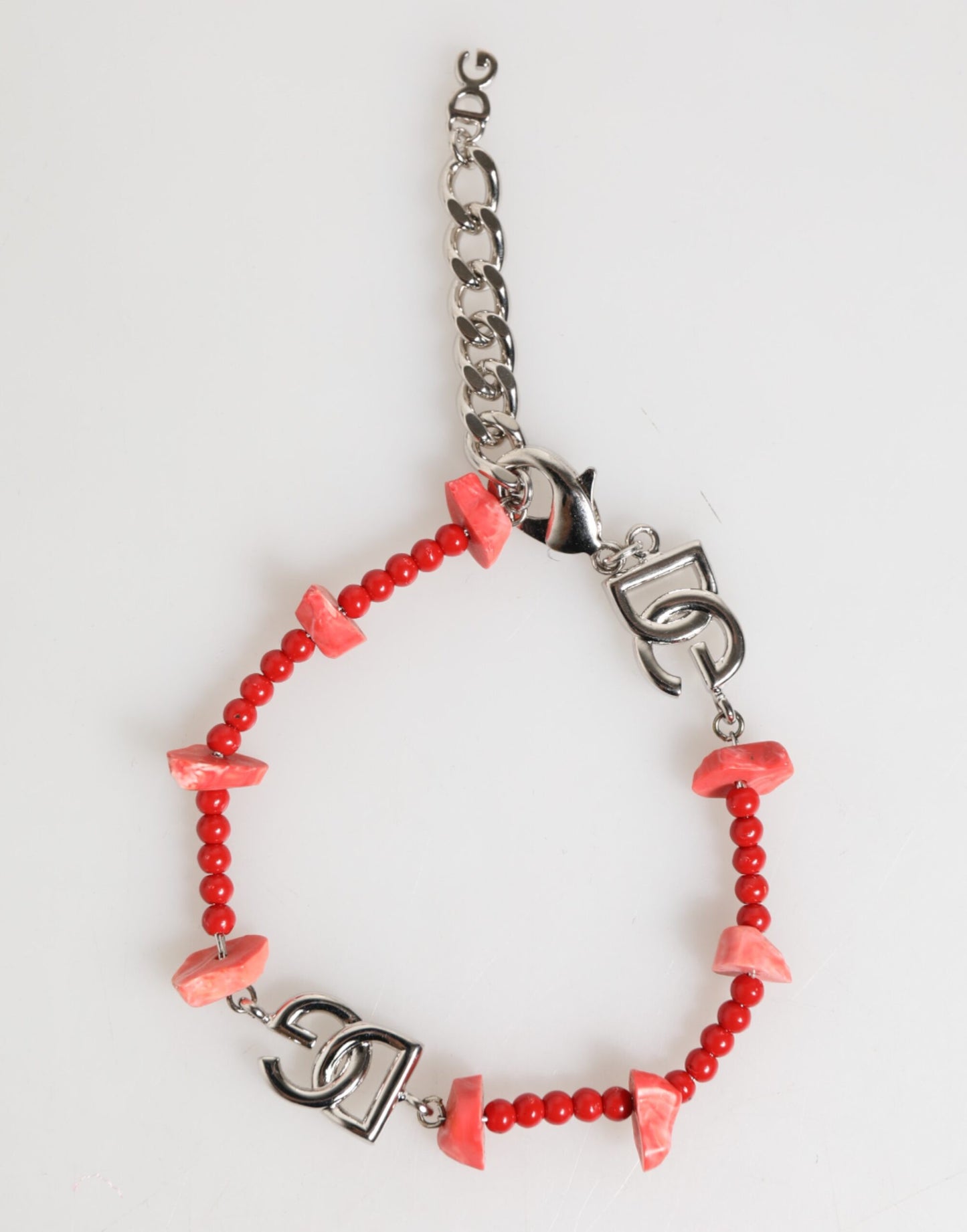 Dolce &amp; Gabbana Silberfarbenes Messingperlen-Harz-DG-Logo-Kettenarmband für Herren