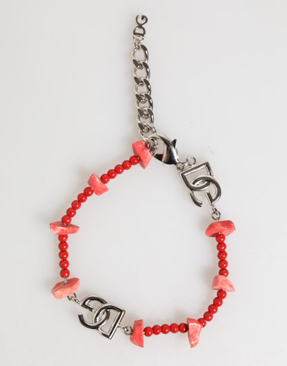 Dolce &amp; Gabbana Silberfarbenes Messingperlen-Harz-DG-Logo-Kettenarmband für Herren