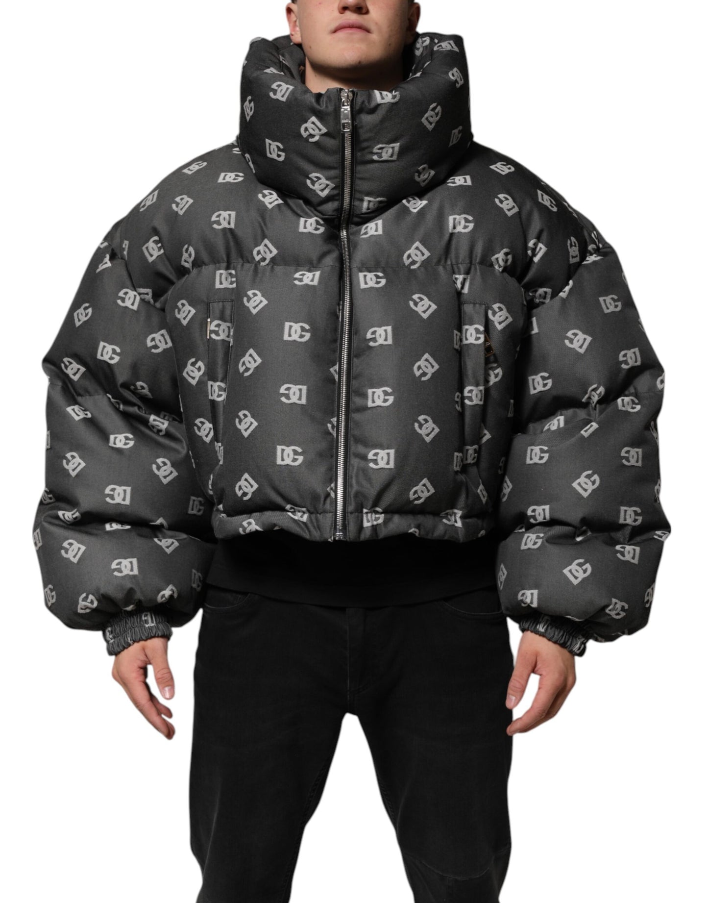 Dolce &amp; Gabbana Schwarze DG-Monogramm-Steppjacke mit durchgehendem Reißverschluss für Herren