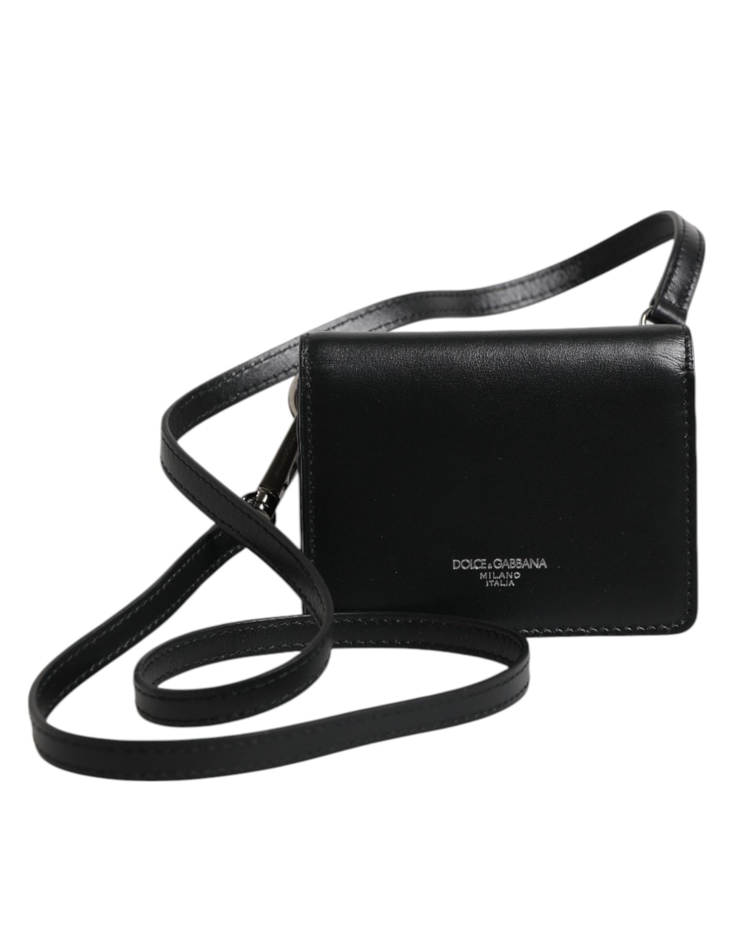 Dolce &amp; Gabbana Schwarzes Leder Bifold Kartenetui Crossbody Herren Borse Tasche