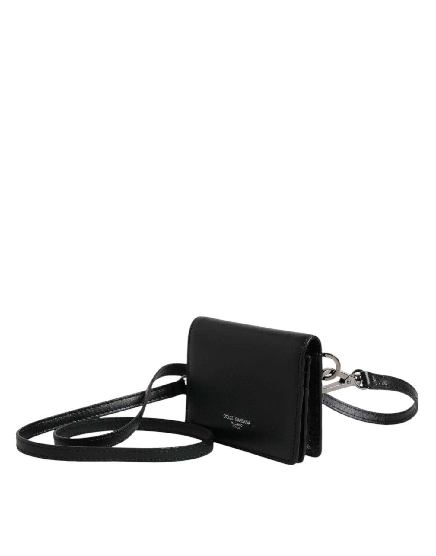 Dolce &amp; Gabbana Schwarzes Leder Bifold Kartenetui Crossbody Herren Borse Tasche