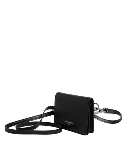 Dolce &amp; Gabbana Schwarzes Leder Bifold Kartenetui Crossbody Herren Borse Tasche