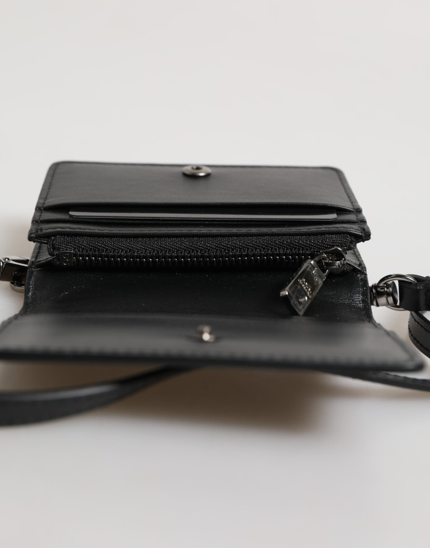 Dolce &amp; Gabbana Schwarzes Leder Bifold Kartenetui Crossbody Herren Borse Tasche