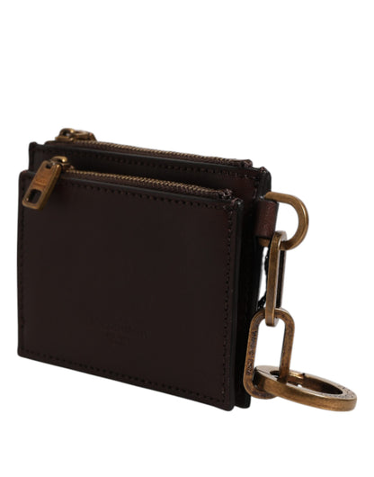 Dolce &amp; Gabbana Braunes Kalbsleder mit Reißverschluss und Logo-Schlüsselanhänger, Münzgeldbörse für Herren
