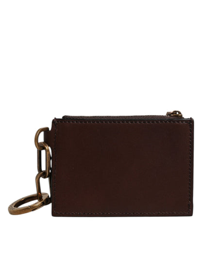 Dolce &amp; Gabbana Braunes Kalbsleder mit Reißverschluss und Logo-Schlüsselanhänger, Münzgeldbörse für Herren