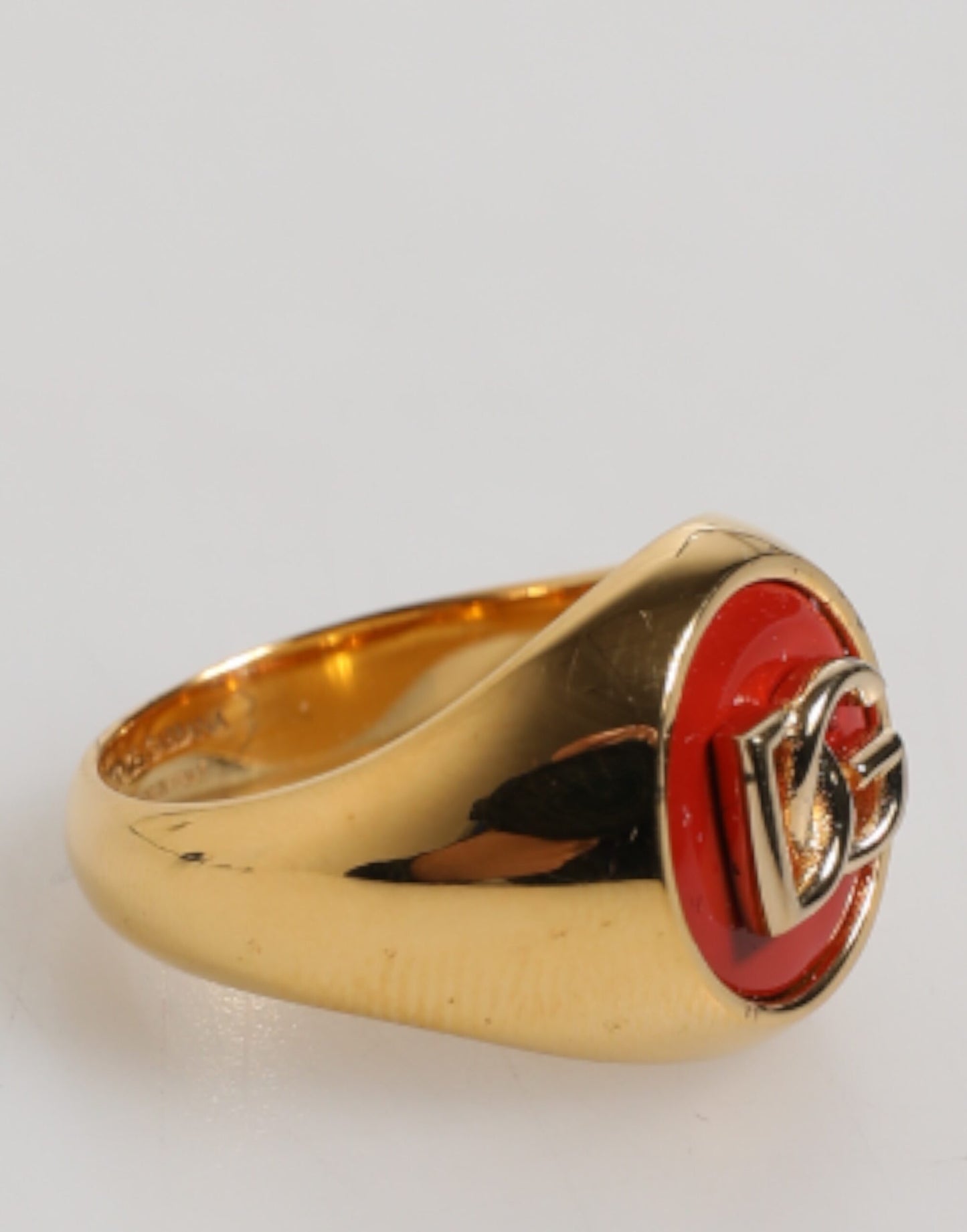 Dolce & Gabbana Gold Tone Real Brass Red DG Logo Men Ring