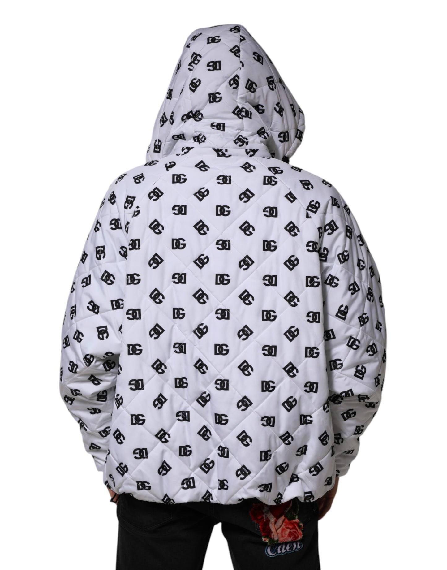 Dolce &amp; Gabbana – Weiße Steppjacke mit DG-Monogramm und Kapuze