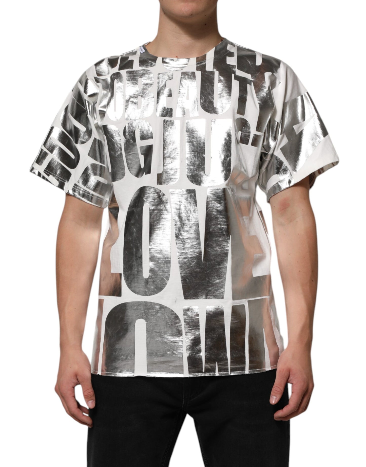 Dolce &amp; Gabbana – Weißes Baumwoll-T-Shirt mit Rundhalsausschnitt und Metallic-Print