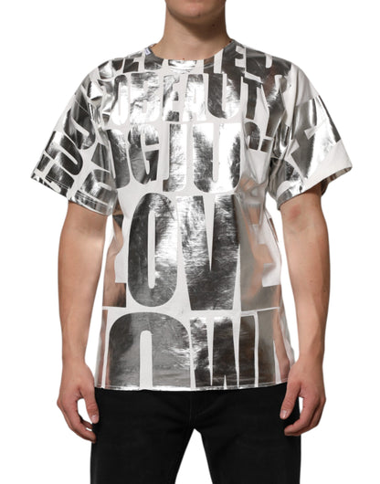 Dolce &amp; Gabbana – Weißes Baumwoll-T-Shirt mit Rundhalsausschnitt und Metallic-Print