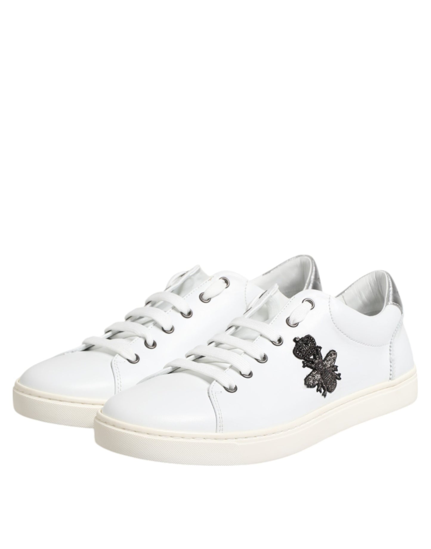 Dolce & Gabbana White Crown Bee Leather Low Top Sneakers Shoes