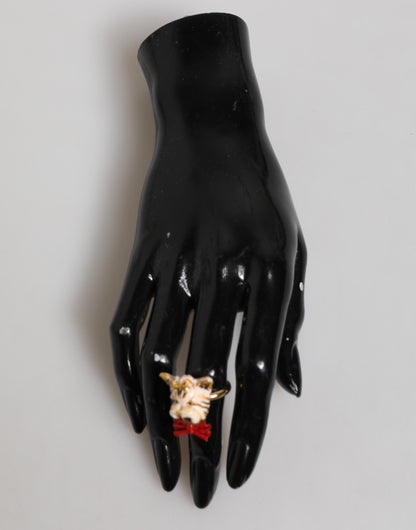 Dolce &amp; Gabbana Gold Messing Harz Beige Hund Haustier Accessoire Ring