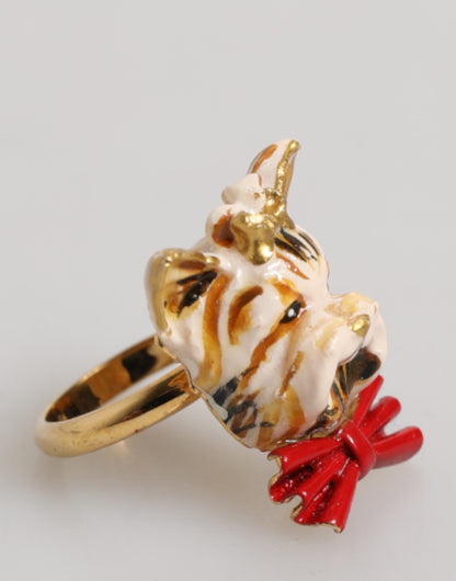 Dolce &amp; Gabbana Gold Messing Harz Beige Hund Haustier Accessoire Ring