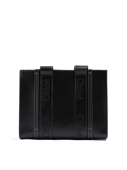 Chloé – Schwarze Woody – Mittelgroße Tragetasche aus Leder mit gesticktem Logo