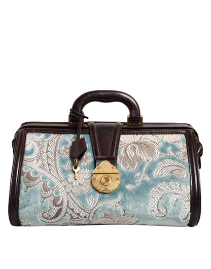 Dolce &amp; Gabbana Blau-braune Reisehandtasche aus Leder mit Blumenmuster und Jacquard