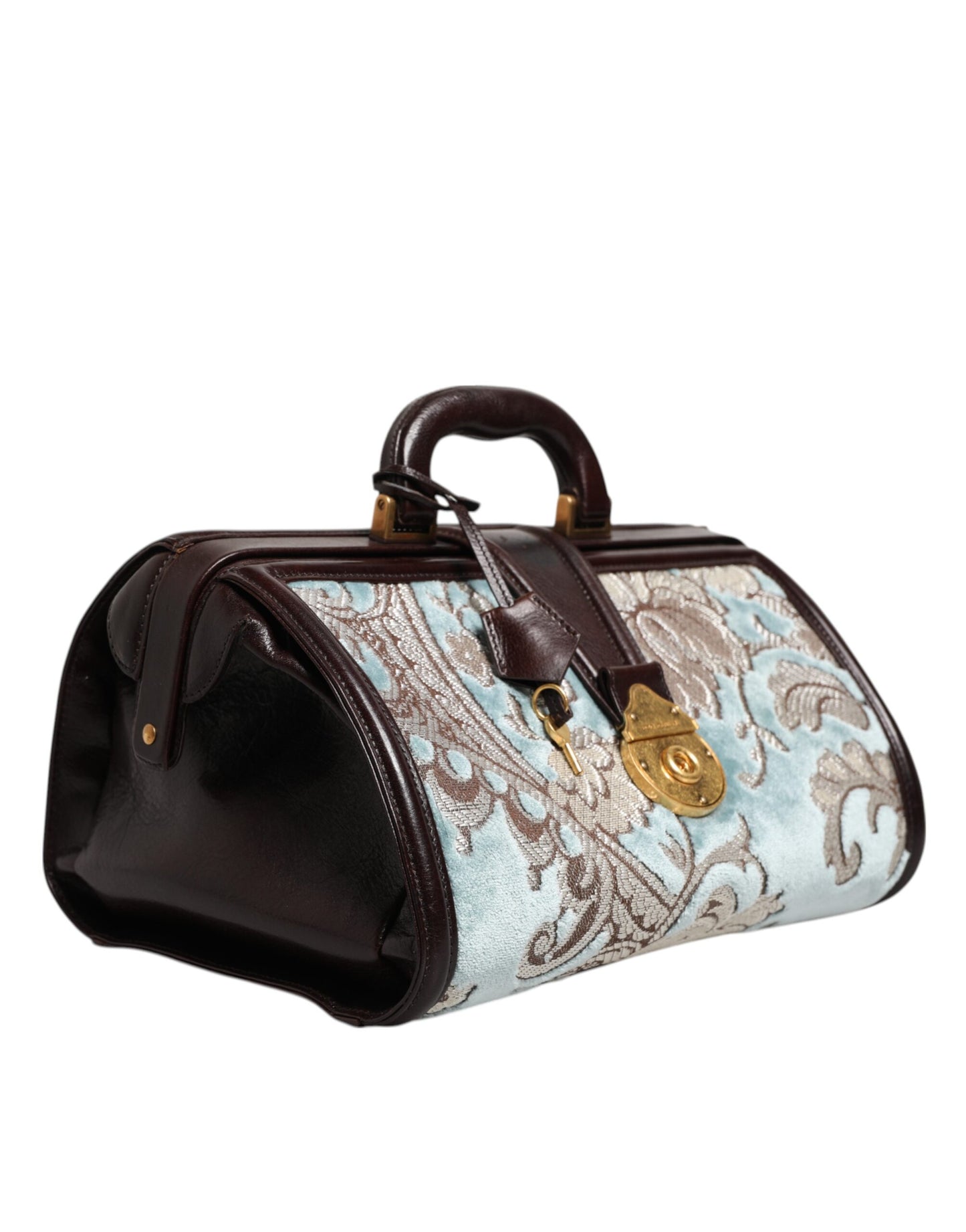 Dolce &amp; Gabbana Blau-braune Reisehandtasche aus Leder mit Blumenmuster und Jacquard