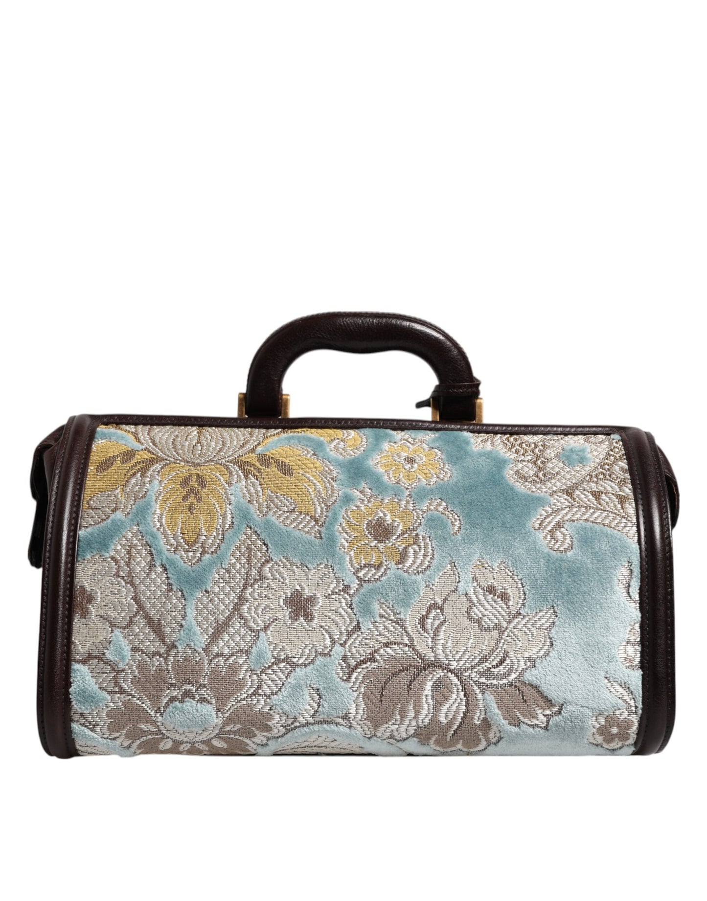 Dolce &amp; Gabbana Blau-braune Reisehandtasche aus Leder mit Blumenmuster und Jacquard