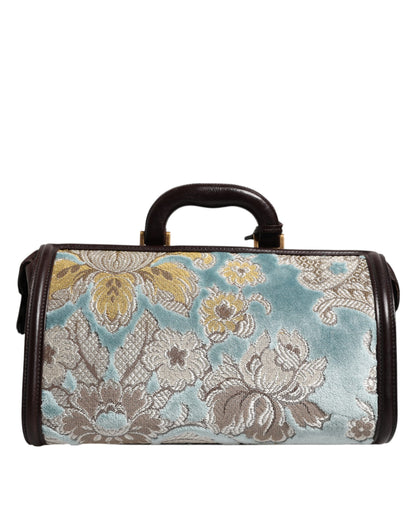 Dolce &amp; Gabbana Blau-braune Reisehandtasche aus Leder mit Blumenmuster und Jacquard