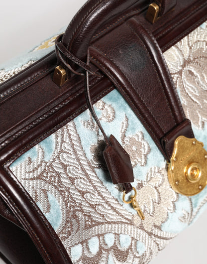 Dolce &amp; Gabbana Blau-braune Reisehandtasche aus Leder mit Blumenmuster und Jacquard