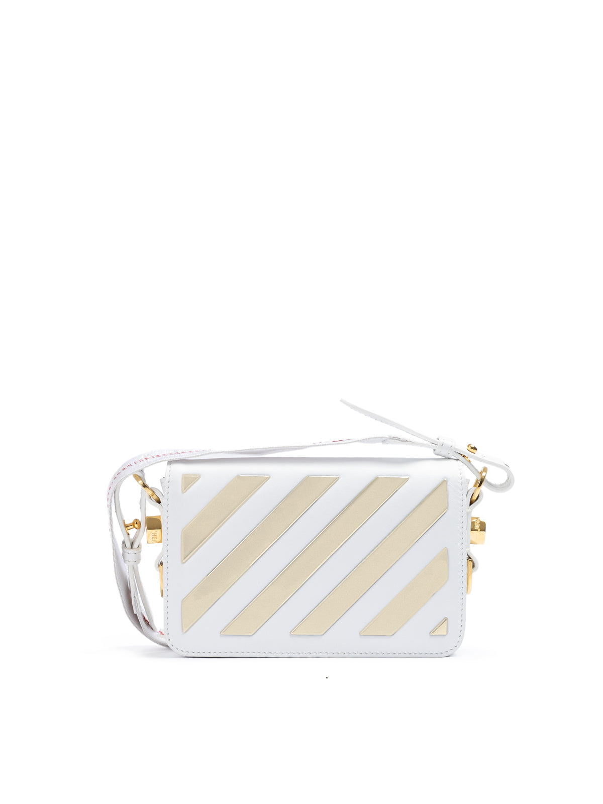 Off-White – Mini-Umhängetasche mit Streifen in Weiß/Gold-Metallic