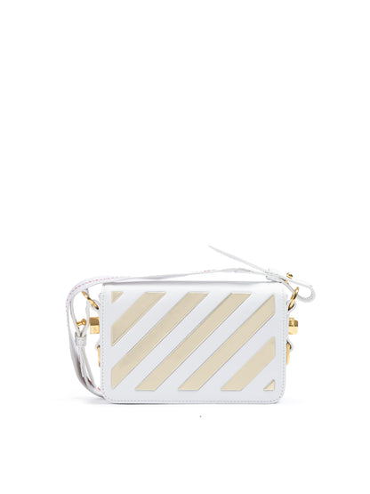 Off-White – Mini-Umhängetasche mit Streifen in Weiß/Gold-Metallic