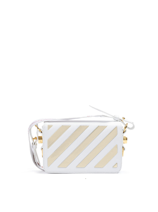 Off-White – Mini-Umhängetasche mit Streifen in Weiß/Gold-Metallic