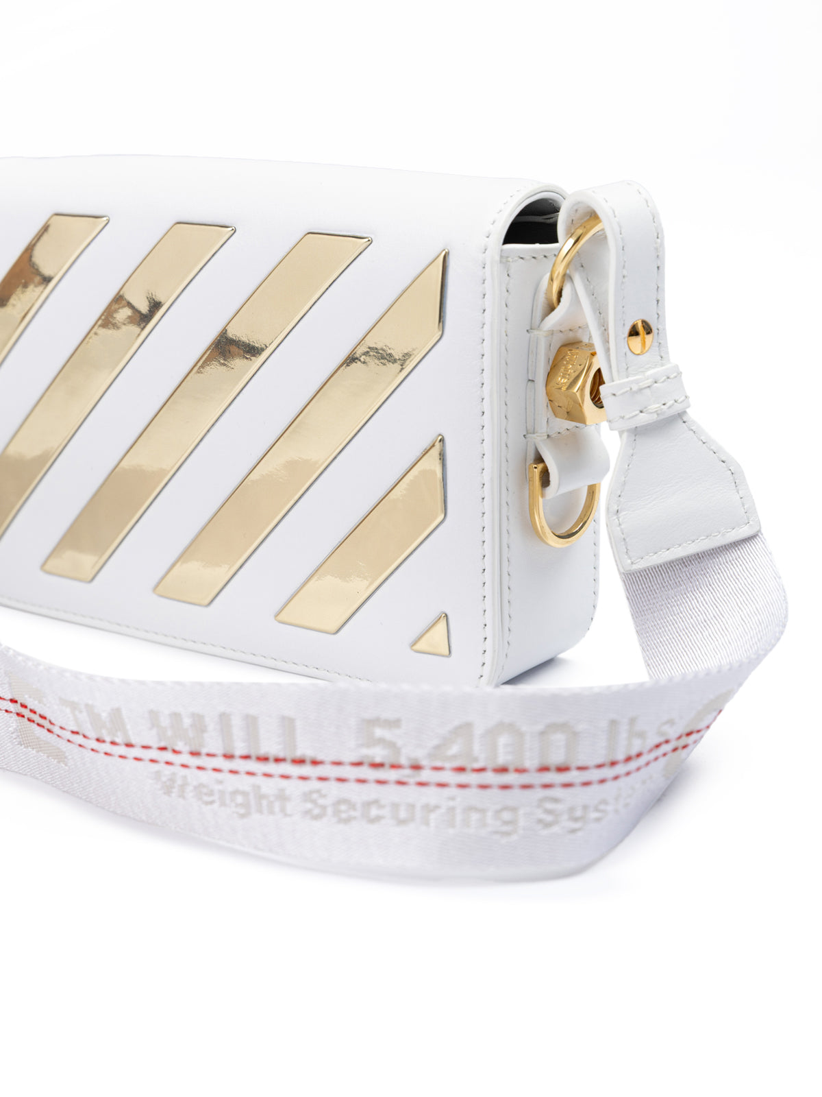 Off-White – Mini-Umhängetasche mit Streifen in Weiß/Gold-Metallic