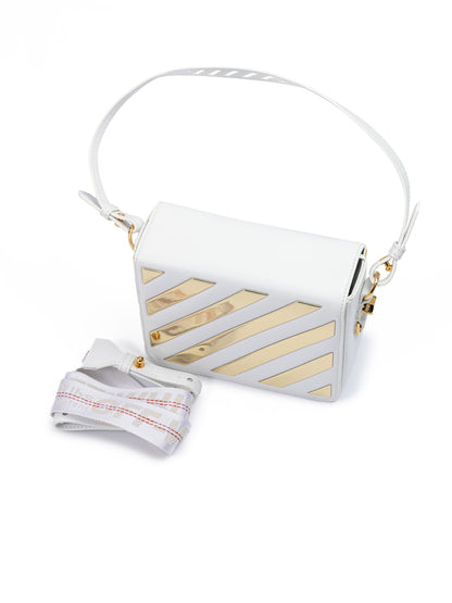 Off-White – Umhängetasche mit Streifen in Weiß/Gold-Metallic