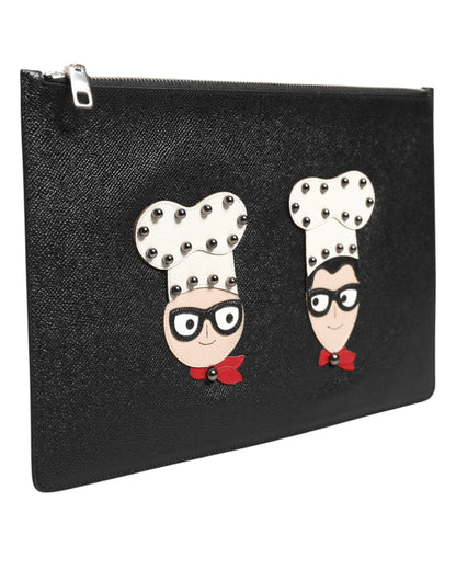 Dolce &amp; Gabbana Schwarzes Leder #DGFAMILY Verzierte Herren Clutch