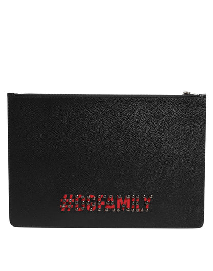Dolce &amp; Gabbana Schwarzes Leder #DGFAMILY Verzierte Herren Clutch
