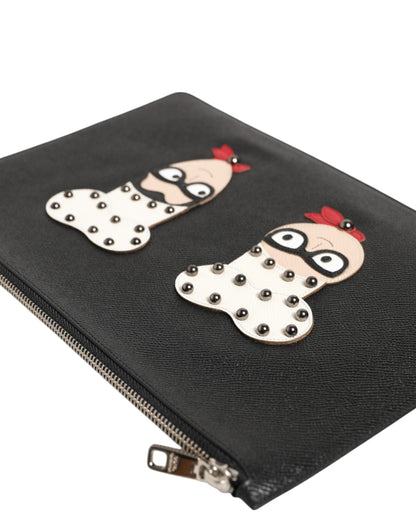 Dolce &amp; Gabbana Schwarzes Leder #DGFAMILY Verzierte Herren Clutch