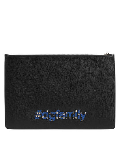 Dolce &amp; Gabbana Schwarzes Leder #DGFAMILY Verzierte Herren Clutch
