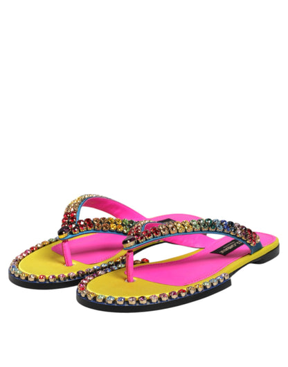 Dolce &amp; Gabbana Multicolor Strass Flip Flop Flache Sandalen Schuhe