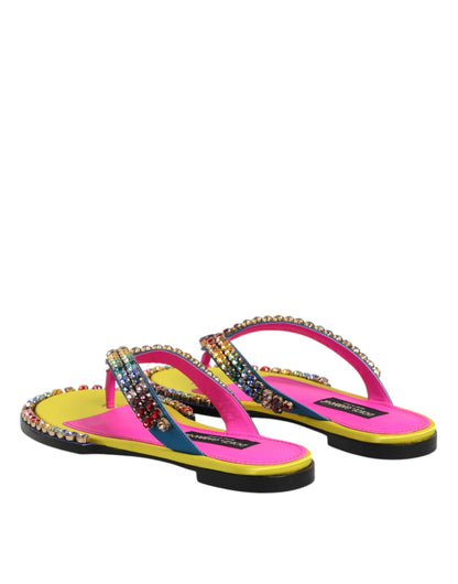 Dolce &amp; Gabbana Multicolor Strass Flip Flop Flache Sandalen Schuhe