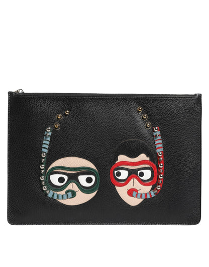 Dolce &amp; Gabbana Schwarzes Leder #DGFAMILY Verzierte Herren Clutch