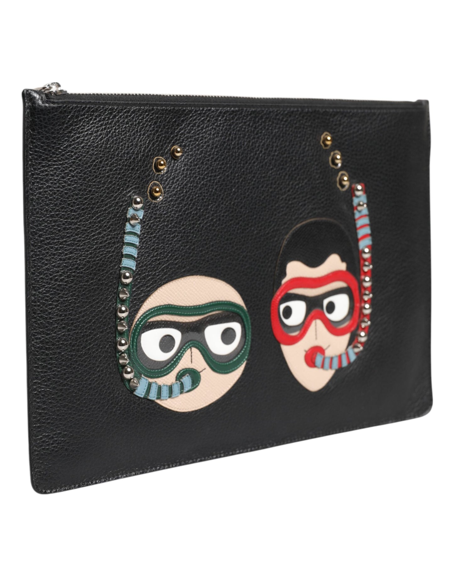 Dolce &amp; Gabbana Schwarzes Leder #DGFAMILY Verzierte Herren Clutch