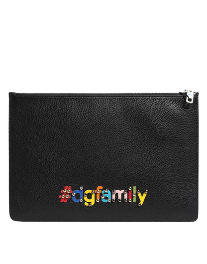 Dolce &amp; Gabbana Schwarzes Leder #DGFAMILY Verzierte Herren Clutch