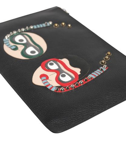 Dolce &amp; Gabbana Schwarzes Leder #DGFAMILY Verzierte Herren Clutch