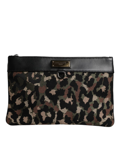 Dolce &amp; Gabbana – Mehrfarbige Beuteltasche aus Jacquard mit Logo-Schild und Leopardenmuster