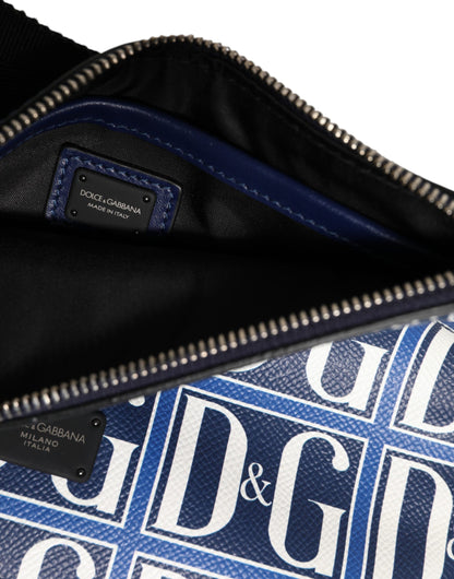 Dolce &amp; Gabbana Blau-weiße Leder-Umhängetasche mit D&amp;G-Logoplakette