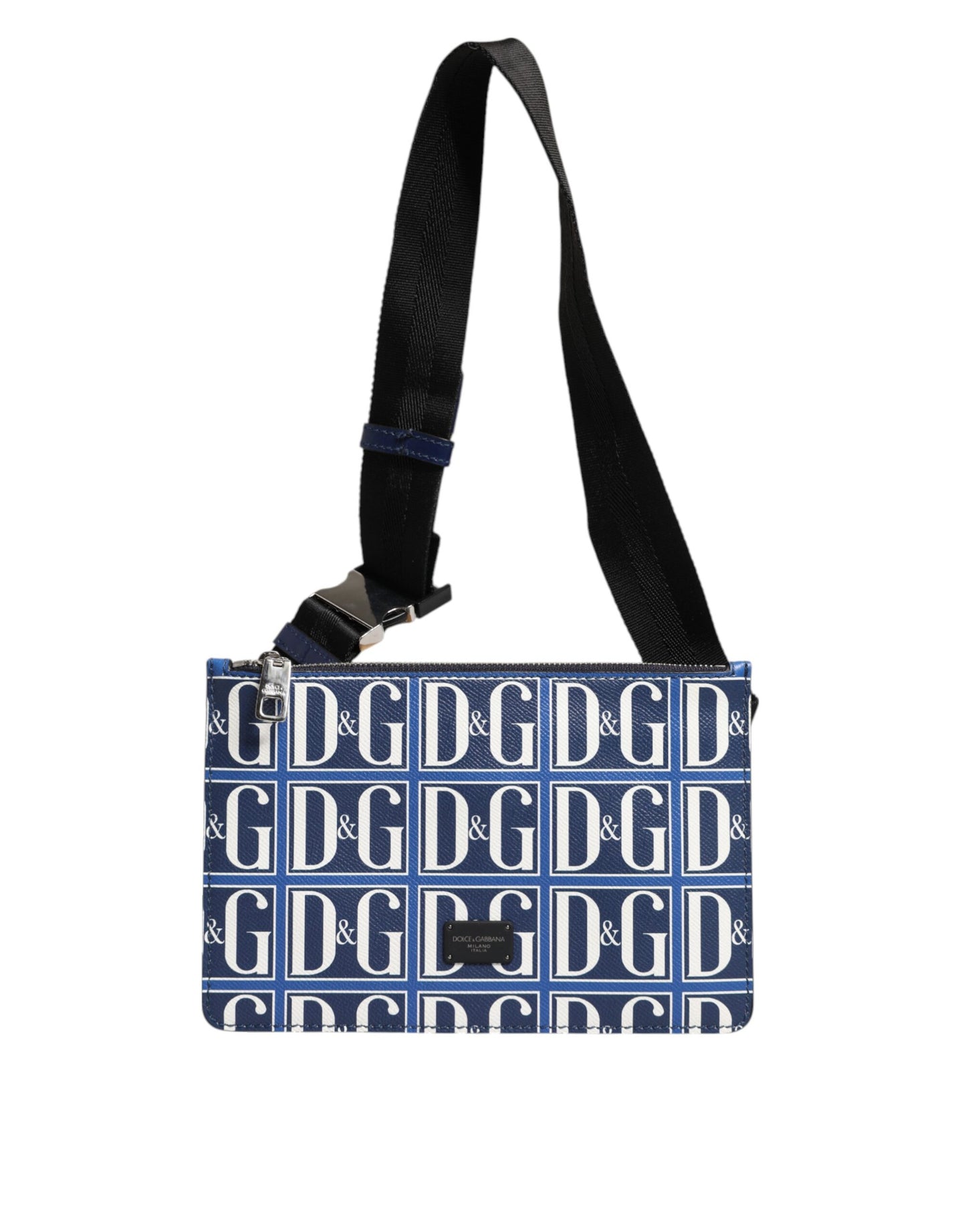 Dolce &amp; Gabbana Blau-weiße Leder-Umhängetasche mit D&amp;G-Logoplakette