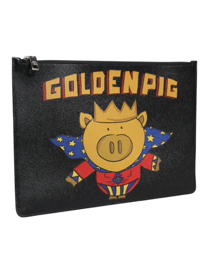 Dolce &amp; Gabbana Schwarzes Leder Golden Pig Print Herren Clutch Tasche Borse Bag