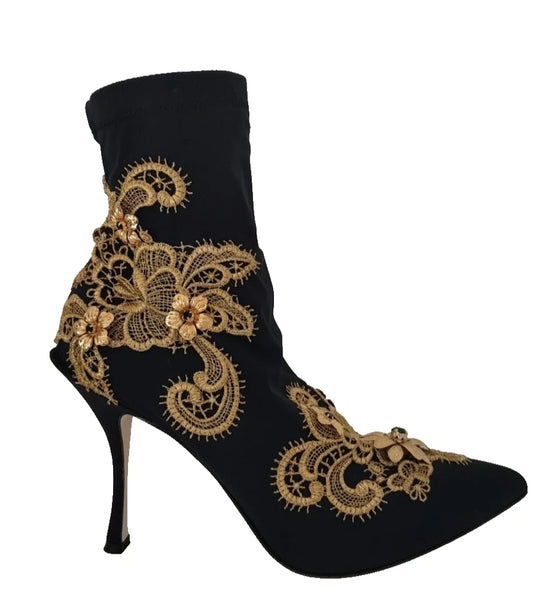 Dolce &amp; Gabbana Schwarz Gold Stickerei Kristall Stiefel Schuhe