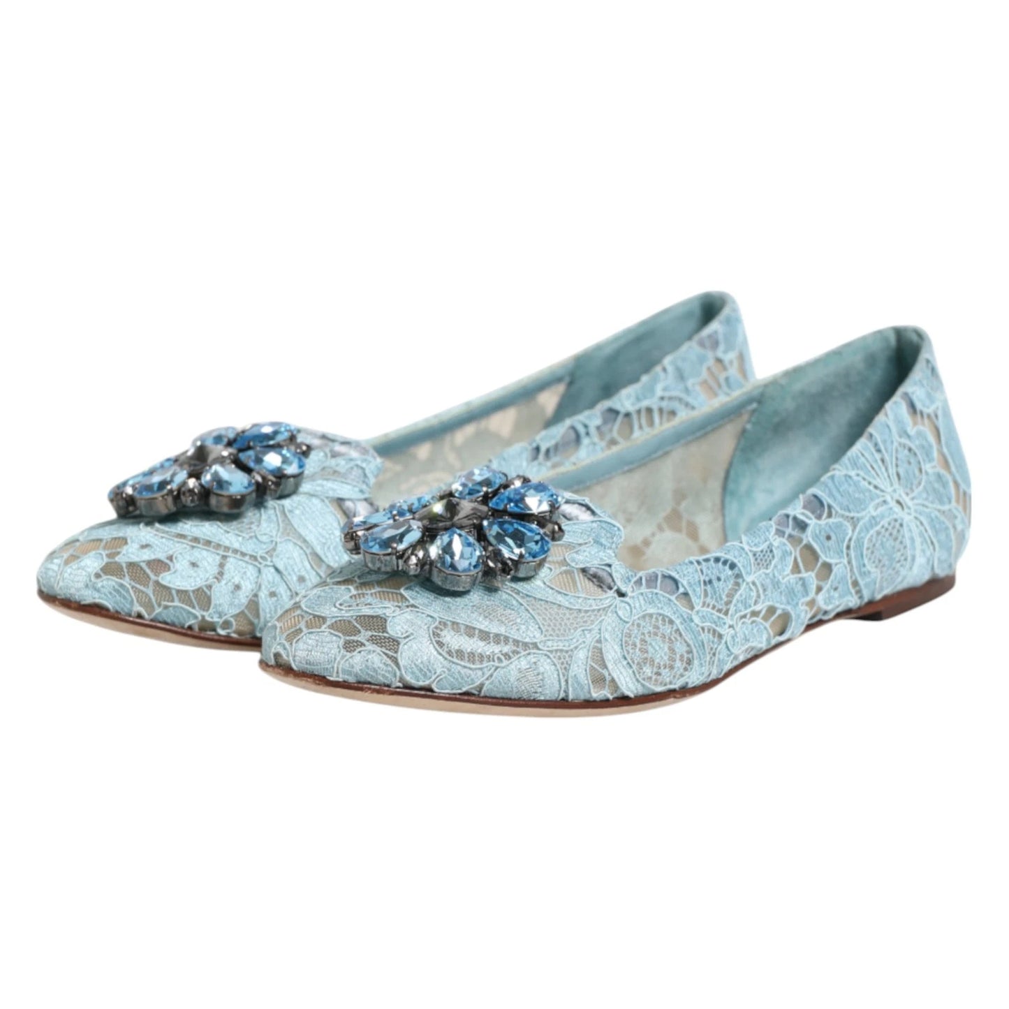 Dolce &amp; Gabbana Blaue Spitzen-Ballerinas mit Kristallen, Halbschuhe