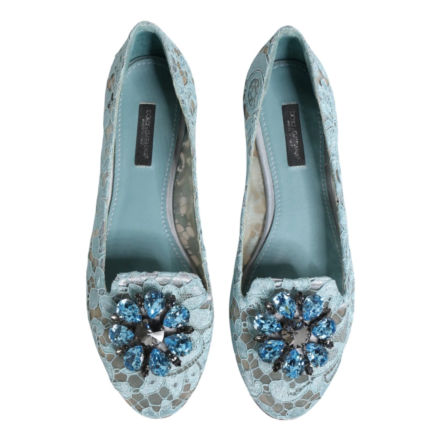 Dolce &amp; Gabbana Blaue Spitzen-Ballerinas mit Kristallen, Halbschuhe