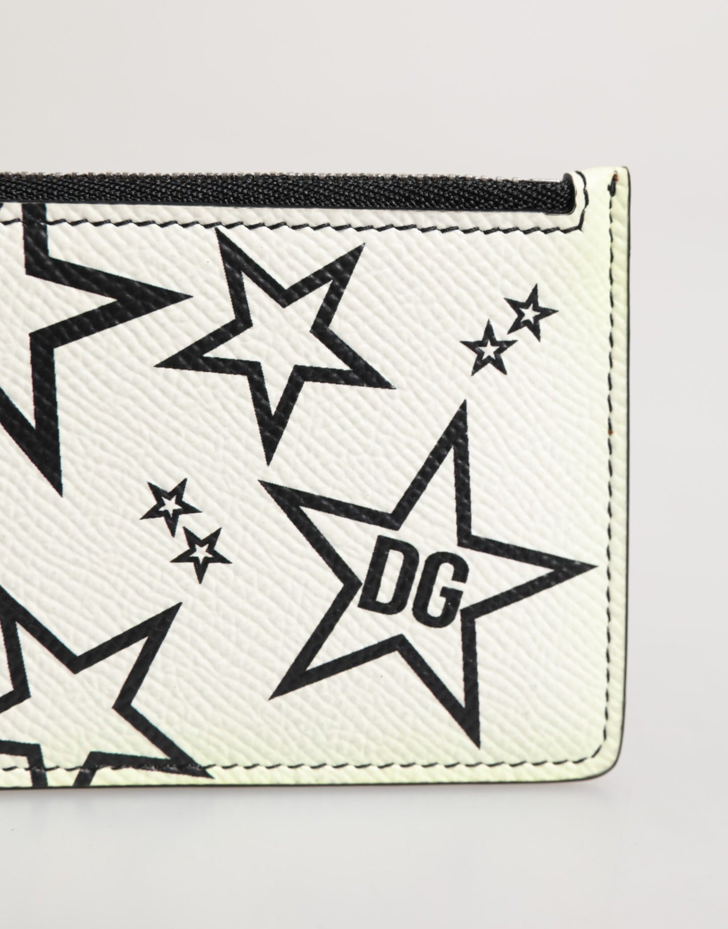 Dolce & Gabbana White Leather Douphin DG Logo Star Print Card Holder Wallet