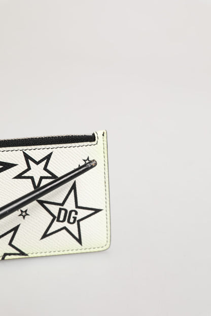 Dolce & Gabbana White Leather Douphin DG Logo Star Print Card Holder Wallet