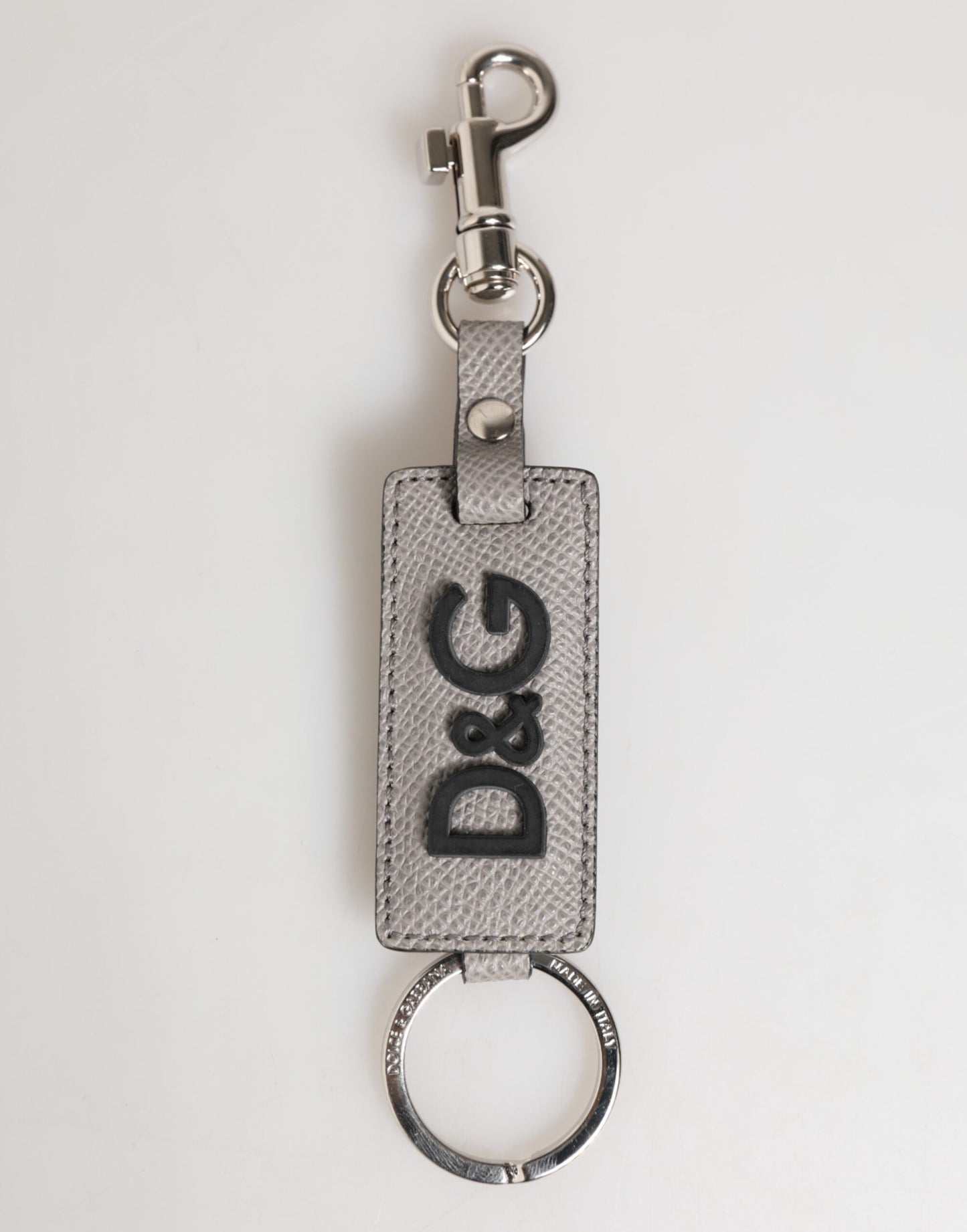 Dolce &amp; Gabbana Schlüsselanhänger aus grauem Leder mit Logo und Metallring für Herren