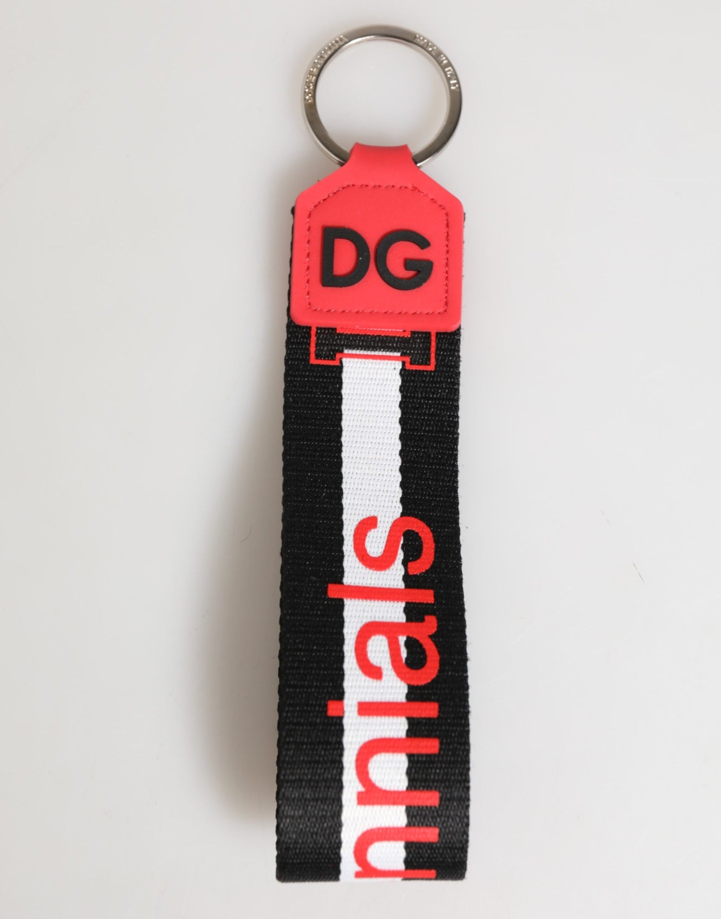 Dolce &amp; Gabbana Rot Weiß DG Logo Polyester Messing Halter Schlüsselanhänger Schlüsselring