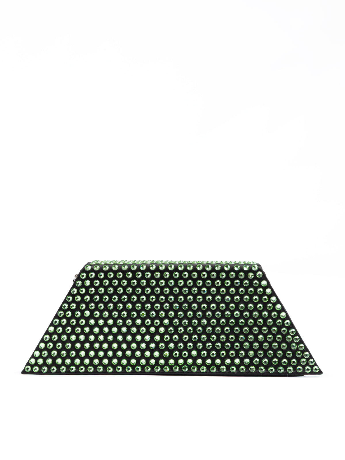 Amina Muaddi – Kleine Umhängetasche aus schwarzem Satin mit grünen Kristallen